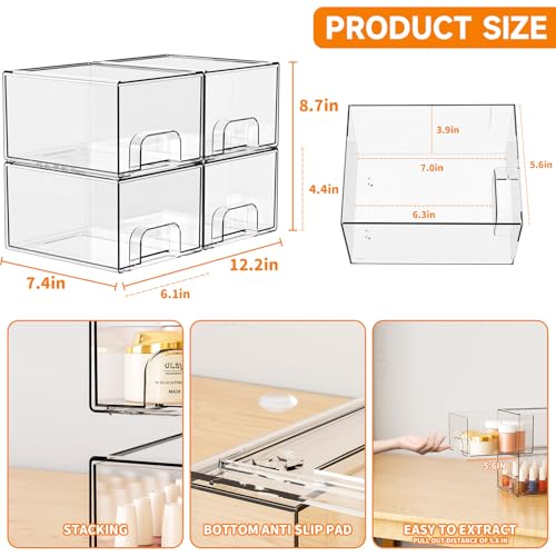 Yieach 4 Pack Clear Stackable Storage Drawers,4.4'' Tall Acrylic Drawer Containers for Organizing,Bathroom Organizers and Storage Bin Box,Plastic Makeup,Medicine Organizer Bins for Cabinet,Undersink