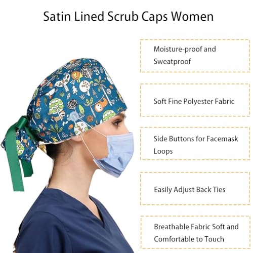 6Pcs Satin Lined Scrub Caps Women, Adjustable Surgical Caps for Women, Nurse Caps for Women Men with Button and Sweatband