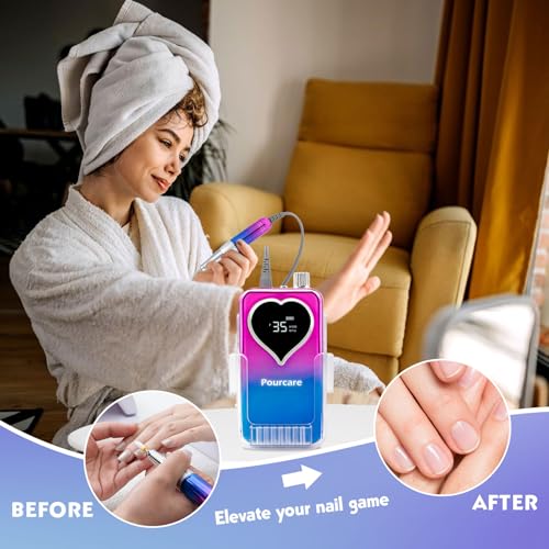 Rechargeable Nail Drill 35000RPM Electric Nail File for Acrylic & Gel Long Lasting Battery 6pcs Polishing Tools and Sanding Bands Kit Portable for Home Salon and Travel - Sunset Blue