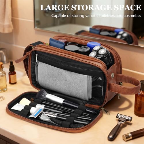 Travel Toiletry Bag for Men,Mens Shaving Bags for Toiletries,Men's Toiletry Travel Bag PU Leather,Personalized Travel Essentials,Birthday Gifts For Men,Brown- M