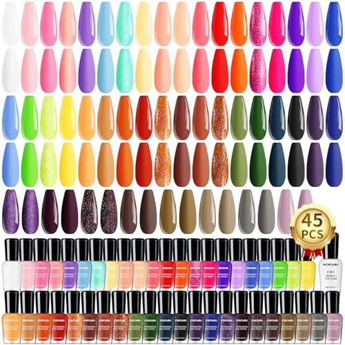 Morovan Nail Polish Set Fingernail: 2026 Spring Summer Gift 45PC Nail Polish Kit with 2-in-1 Base Top Coat Bright Air Quick Dry Glitter Regular Pack Finger Nail Art DIY Home for Women Girls 0.27 FIoz