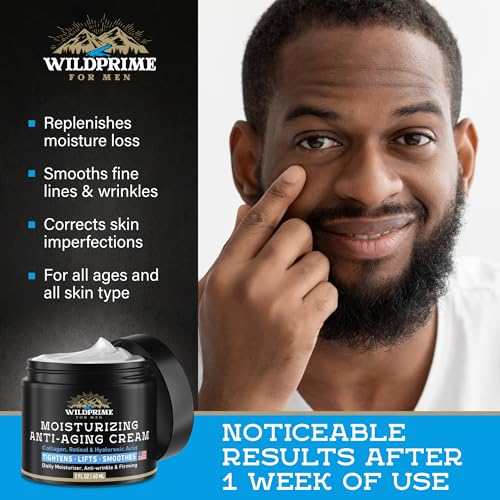 Men's Face Moisturizer Cream - Anti Aging & Wrinkle - Men's Shave Lotion - Made in USA - Collagen, Hyaluronic Acid, Vitamins E & A, Avocado Oil - Age Facial Skin Care, Day & Night Moisturizing, 2 oz