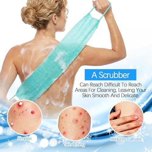 12Pcs Exfoliating Back Scrubber with Handles, Nylon Back Exfoliator Washers Scrubbers Stretchable Pull Strap Exfoliating Washcloth Body Scrubber Cloth Towel for Shower Skin Massages
