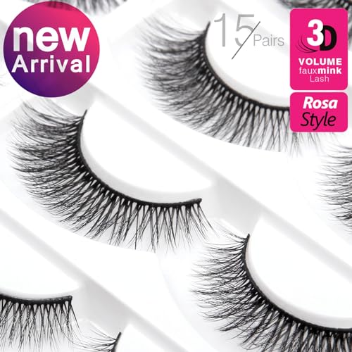 Eliace False Eyelashes Natural look Cat Eye Lashes Wispy Strips 3D Mink Lashes 13MM,15 Pairs Fake Eyelashes Faux Fluffy, Winged Fox Eyelashes, Soft Thin Band Comfortable Reusable False Lash Rosa Style