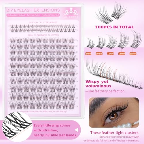 Natural Lash Clusters Kit Wispy Eyelash Clusters Kit with Bottom Eyelashes C Curly Lash Extension Kit with Invisible Band DIY Individual Lashes Kit with Lash Bond and Seal 132Pcs