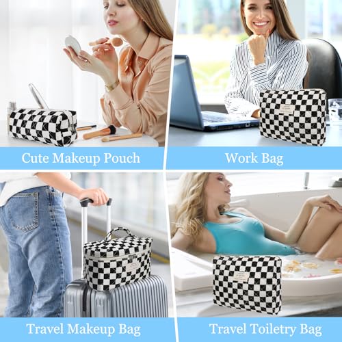 Makeup Bag Set, Quilted Makeup Bag, Large Floral Cosmetic Bag for Women, Cute Cotton Makeup Bags, Flower Travel Toiletry Organizer Bag (Black Checkered)