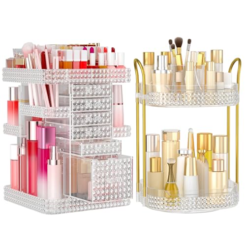 2 Pack Makeup Organizer Set, 6 Drawer, 2 Tier Rotating Makeup Organizer