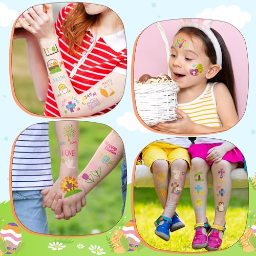 ANGOLIO 144Pcs Easter Doodles Temporary for Kids, Bible Easter Tattoos Stickers Easter Bunny Temporary Tattoos, Christian Religious Easter Cross Waterproof Body Stickers Party Favors