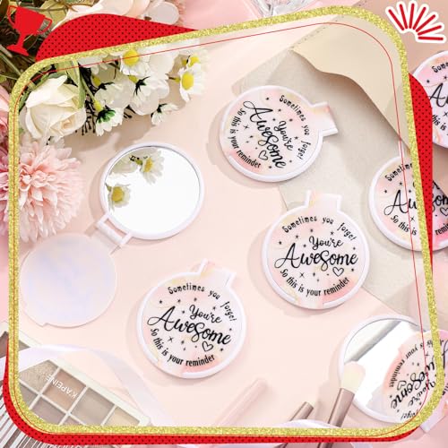 Huwena 100 Pcs Compact Mirror Bulk Inspirational Pocket Small Round Portable Folding Makeup Purse Mirror Employee Appreciation Gifts for Christmas Women Girls Coworkers Travel(Pink,Inspirational)