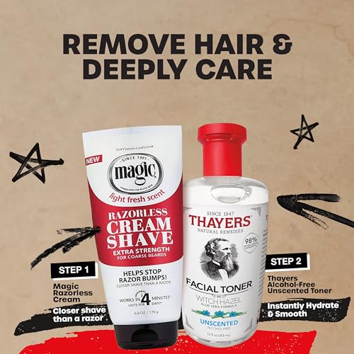 Smooth Skin Superstars: Magic Razorless Shave Cream with Shea Butter and Thayers Alcohol-Free Unscented Toner with Witch Hazel, Hair Removal Routine for Smooth and Bump-Free Skin All Over Body
