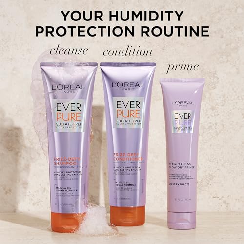 L'Oreal Paris Sulfate Free Frizz Defy Conditioner, Frizz Control Hair Care with Marula Oil, EverPure, 8.5 Fl Oz (Packaging May Vary)