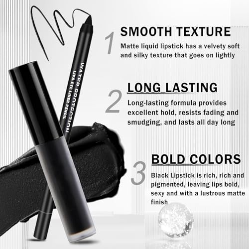 Black Lipstick Halloween Black Lip Liner Lip Kit,Matte Black Lipstick Long Lasting Smudge Proof,Velvet Black Lip Gloss Lip Stain,Non Stick Cup Black Liquid Lip Stick and Lip Pencil for Women