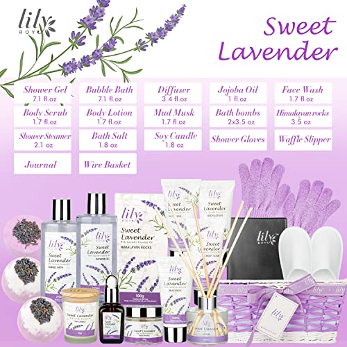 Mothers Day Gifts for Women - 18Piece Bath and Body Basket for Women Lavender Spa Gift Basket Set Bath Collection | Christmas, Birthday, Valentines Day Gift for Her, Perfect Spa Present for Mom
