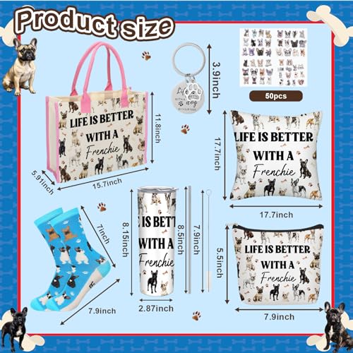 Patelai 56 Pcs Valentine Frenchie Gifts for Women Frenchie Dog Lover Gifts 20oz Stainless Tumbler Tote Bag Cosmetic Bag Sock Pillow Cover Keychain 50 Sticker for Dog Mom Birthday Party Favor