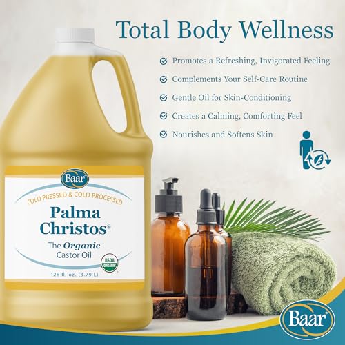 Baar Organic Castor Oil for Eyelash, Eyebrow and Hair Renewal, Skin Repair and Protection, Detox & Cleansing and Relief for Sore Muscles and Stiff Joints, Cold Pressed, Hexane Free, 128 fl oz / 1 gal