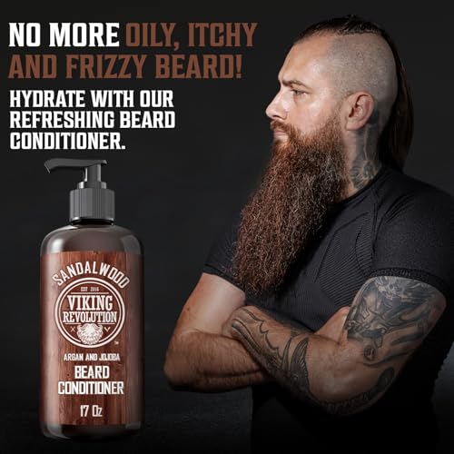 Viking Revolution Beard Conditioner w/Argan & Jojoba Oils - Softens & Strengthens - Sandalwood Scent - Beard Conditioner w/Beard Oil (17oz Conditioner) (Pack of 2)