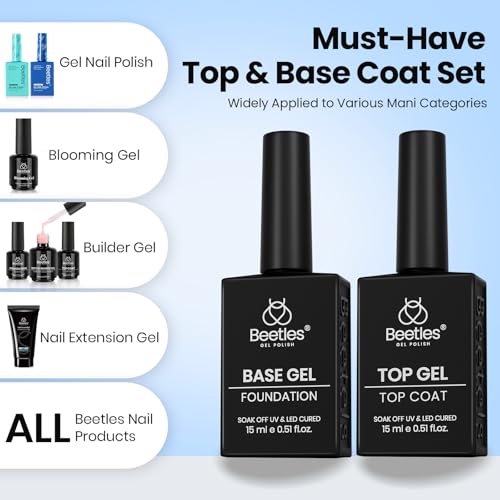 Beetles No Wipe Gel Top Coat and Base Coat Set for Gel Nail Polish - 2Pcs 15ml Super Shiny and Long Lasting Soak Off UV/LED Lamp Nail Art Design Gift