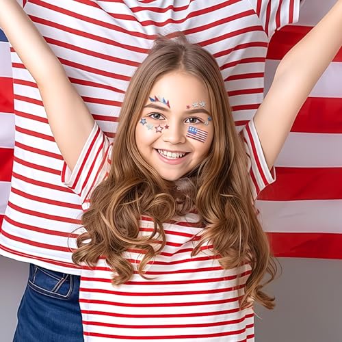 American Flag Stars Glitter Face Tattoo Jewelry, Independence Day Celebration Face Gems with Red Blue Flag Designs, Sparkle Glitter in Parades, Parties & More 2PCS (Style 3)