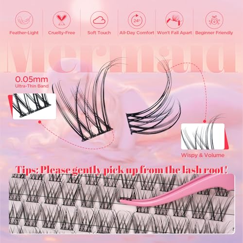 Mermaid Lash Clusters Kit Eyelash Extension Kit 144pcs C Curl Natural Wispy Lash Clusters DIY Ultra-Thin Band Eyelash Clusters with Tools,Salon-Effect Individual Lashes(Mermaid 02 kit,8-18mm£©
