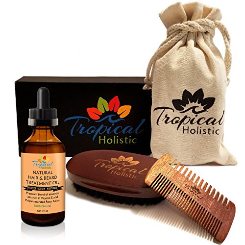 Tropical Holistic Natural Beard Grooming Kit for Men, 3-in-1 Set, Boar Bristle Brush, Handmade Wood Comb, 100% Pure Unscented Hair Treatment Oil 2 oz, Travel Bag