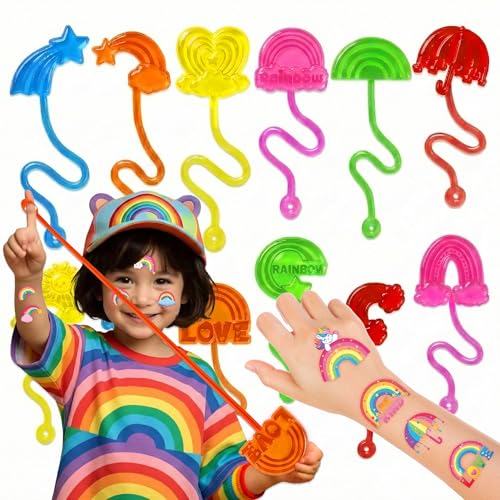 48PCS Rainbow Party Favors - 24PCS Temporary Tattoos & 24PCS Stick Hands - Perfect Birthday Party Supplies, Goodie Bag Stuffers, Treasure Box Toys, Classroom Prizes, and Student Gifts