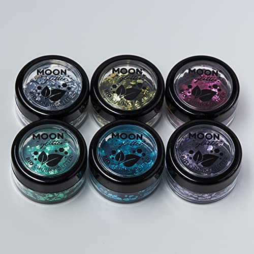 Biodegradable Eco Chunky Glitter by Moon Glitter - 100% Cosmetic Bio Glitter for Face, Body, Nails, Hair and Lips - 3g Set of 6 - plus Glitter Fix Gel