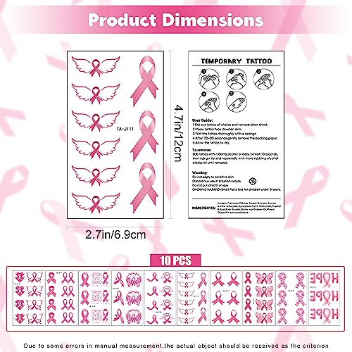 Breast Cancer Tattoos, 10 Sheets 68 Pcs Pink Ribbon Breast Cancer Awareness Temporary Tattoos for Face Arms and Hands, 4.7" x 2.7" Breast Cancer Face Tattoos for Walks Runs Fundraising Events