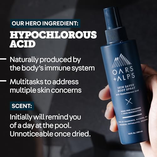 Oars + Alps Skin Saver Body Spray with Hypochlorous Acid, Eliminates Odors, Freshens & Soothes Irritation & Redness, Use After Workouts, Traveling & Post Shave, Safe & Clean Ingredients, 6.8oz