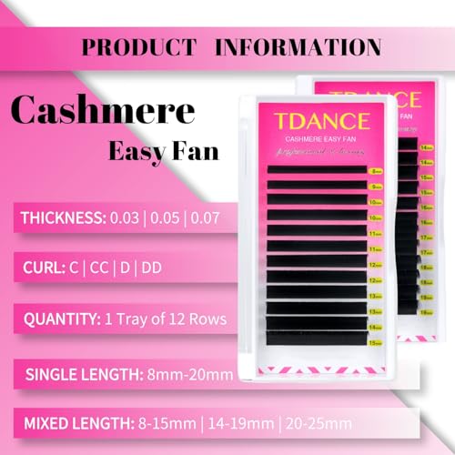 TDANCE Cashmere Easy Fan Lash Extensions Self Fanning Volume Lash Extension D Curl 0.07mm 14-19mm Matte Black Mega Volume Eyelash Extensions(0.07-D,14-19mm)