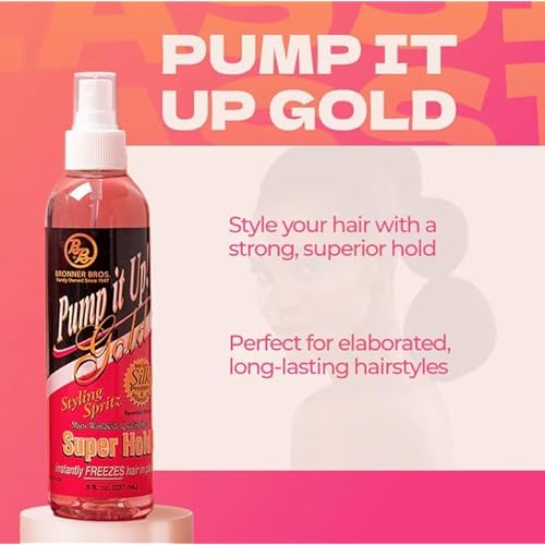 Bronner Bros Pump It Up Styling Spritz Gold 80% ? Fast-Dry Hair Spray Extra Hold with Vitamin B5 & Silk Protein - Maximum Hold Finishing Spritz Hairspray, Adds Shine, Nourishes, No Build-up - 8oz