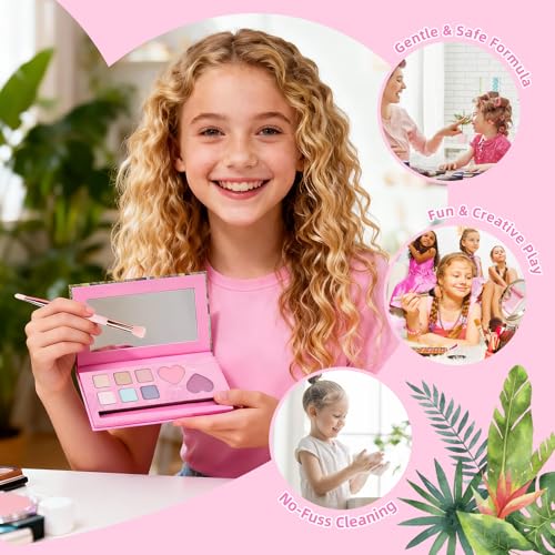 Color Nymph Girls Eye & Cheek Makeup Palette Kit - Eyeshadow & Blush & Highlighter Palette for Teens Girls Tweens, Beginner-Friendly, Gentle Makeup Kits for Starter, Makeup Gift for Birthday (Pink)