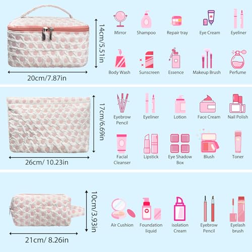 3-Pack Large Capacity Cosmetic Bag Set, Water-Resistant Makeup Organizer with Leak-Proof Design, Travel Toiletry Bag with Polka Dot Pattern for Women, Home & Travel