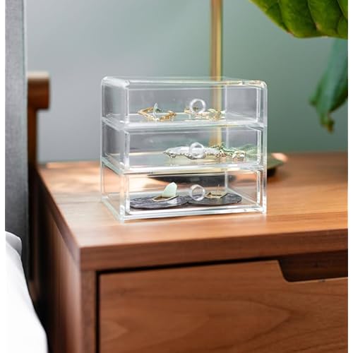 Huang Acrylic Clear Acrylic 3-Drawer Organizer, Large Makeup Jewelry Accessories Cosmetic Countertop Storage Display 5.15 x 4.7 x 4.5 inches
