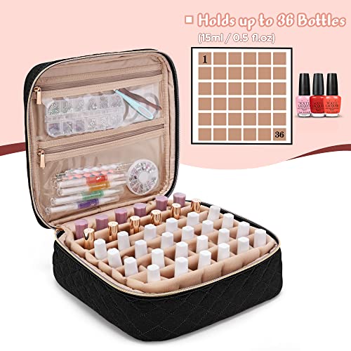 Yarwo Nail Polish Carrying Bag Holds 36 Bottles (15ml/0.5 fl.oz), Travel Storage Organizer for Nail Polish and Manicure Accessories, Black