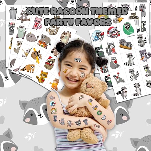 96PCS Cute Funny Raccoon Pre-Cut Temporary Tattoos Themed Birthday Party Decorations Supplies Favors Decor Woodland Wildlife Animals Tattoo Stickers Gifts For Kids Adults Boys Girls School Carnival