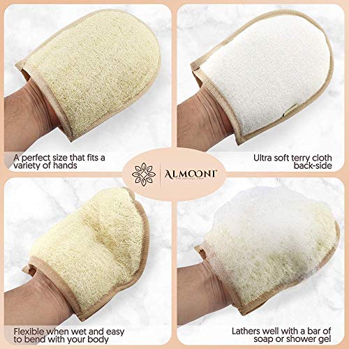 Premium Exfoliating Loofah Glove Pad Scrubber for Body and Face. Our Pads are Made with Natural Egyptian Shower Loofah Sponge That Gets You Clean, Not Just Spreading Soap