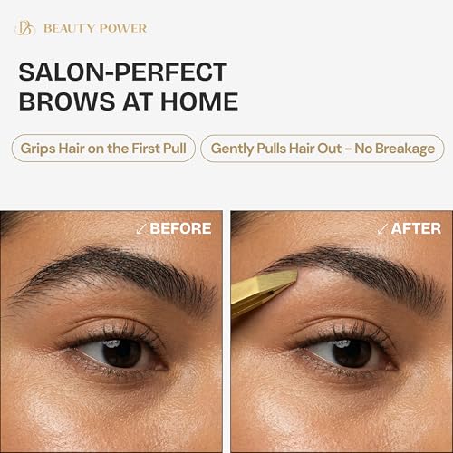 Professional Tweezers Set ? Slant & Point, Ultra Precision German Stainless Steel Tweezers for Eyebrows, Chin, Ingrown Hair & Facial Grooming ? Lightweight with Case - Gift Idea - Gold