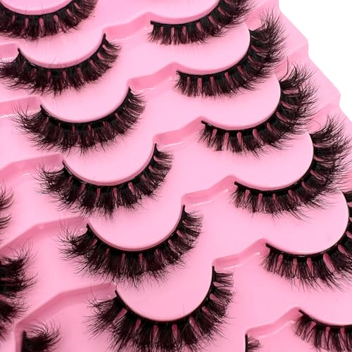 Short Fluffy Lashes Cat Eye 21 Pairs Natural False Strips Lashes Pack Wispy 3D Faux Mink Eyelashes