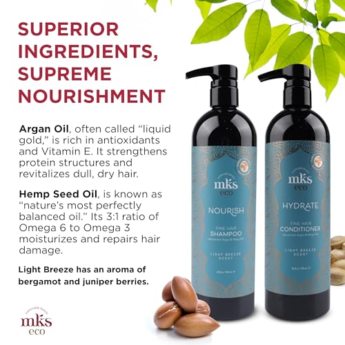 MKS eco Nourish Shampoo for Fine Hair, Light Breeze (25 fl oz) + MKS eco Hydrate Conditioner for Fine Hair, Light Breeze (25 fl oz) - Moroccan Argan Oil, Hemp Seed Oil - Vegan, Cruelty Free