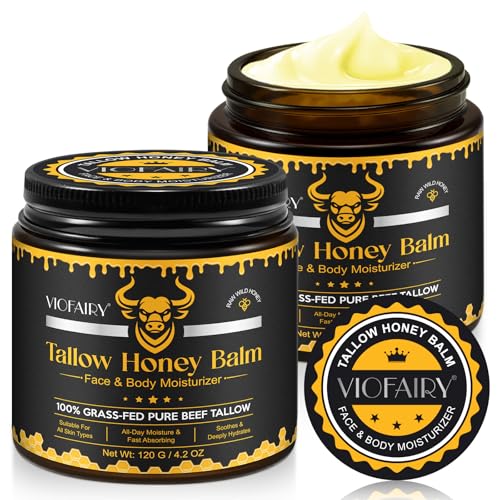 Beef Tallow for Skin, Whipped Tallow Honey Balm for Face -Fed Beef Tallow & Raw Wild Honey - Organic Moisturizer for Soft, Smooth Skin- Light Scent, Moisturizing Natural Formula, 8.4 Oz