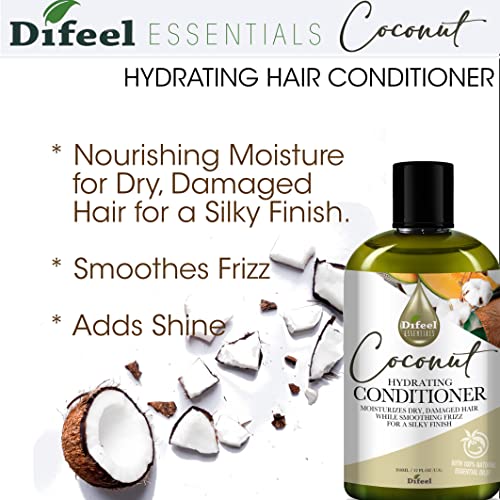 Difeel Essentials Hydrating Coconut Conditioner 12 oz. - Moisturizing Nourishing Coconut Conditioner for Dry, Frizzy Hair, Sulfate-Free