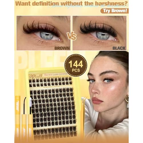 Lash Clusters Kit Brown Cluster Eyelash Extensions Kit More 14/16mm Volume Lashes with Spikes Anime Thick Eyelash Clusters Kit with Lash Bond and Seal, Tweezers by Pleell (D Curly, 144PCS)