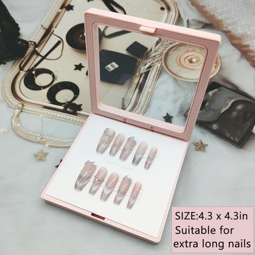 Press On Nail Packaging Boxes 3D Floating Press On Nail Storage Box Nail Display Box with 60pcs Double Sided Adhesive Nail Display Tape for Nail Tech (Pink, 4.3 inch)