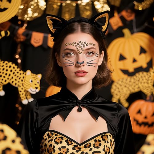 Glitter Leopard Face Jewels Halloween Temporary Tattoo Stickers Animals Face Gems Jewels Self-Adhesive Halloween Dress Up Sticker for Festival Holiday Party Accessories 2PCS