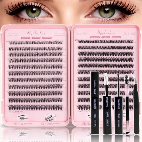 Lash Clusters Kit, Eyelash Clusters Individual Lash Extension Kit 480 Pcs D Curl Fluffy Wispy False Eyelashes Extensions Thin Band with Bond Seal Tweezers Brush Removers (30D+40D KIT 9-16mm)