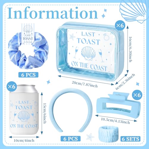 Meanplan 6 Pack Last Toast on the Coast Bachelorette Party Favors Blue Coastal Bridesmaid Proposal Gifts Makeup Bag Claw Clip Wristband Scrunchies Hairband Can Sleeve Bridal Show Wedding Gifts