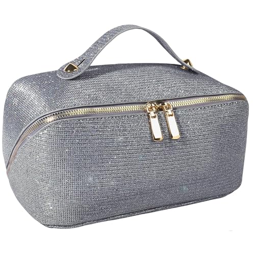 Large Capacity Travel Cosmetic Bag - Portable Makeup Bags for Women Waterproof Makeup Organizer Bags with Dividers and Handle,Toiletry Bag for Cosmetics Silver
