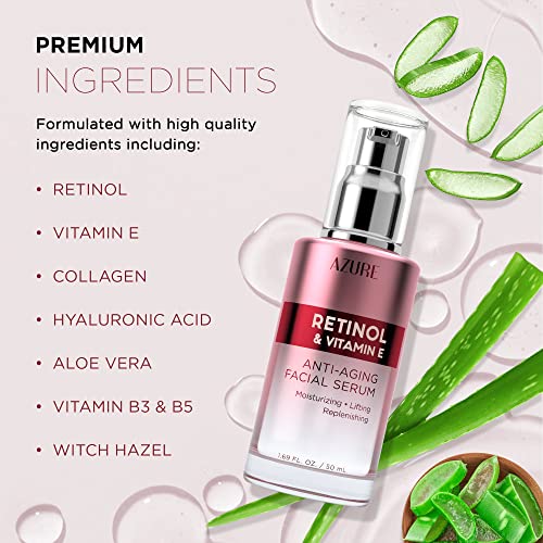 Azure Cosmetics Retinol Serum For Face - Dermatologist Tested, Anti Aging for Dark Spots & Skin Smoothing - Vitamin E for Replenishing & Skin Renewal - Vegan, Clean Beauty, Korean Skin Care - 1.69 oz