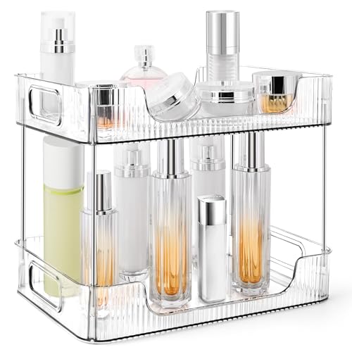 2-Tier Bathroom Counter Organizer Countertop Storage, Dresser Organizer Vanity Tray for Makeup, Perfume Organizer Cosmetics Skincare Shelf- Clear