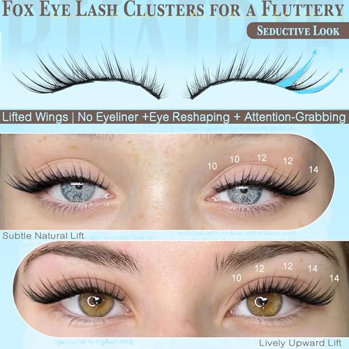 Fox Eye Lash Clusters Kit Natural Eyelash Clusters Manga Lashes Clusters Wispy Cluster Eyelash Extensions 10-14mm Cat Eye Lash Extension Kit Universal Fit Individual Lashes Daily Wear Lash Clusters